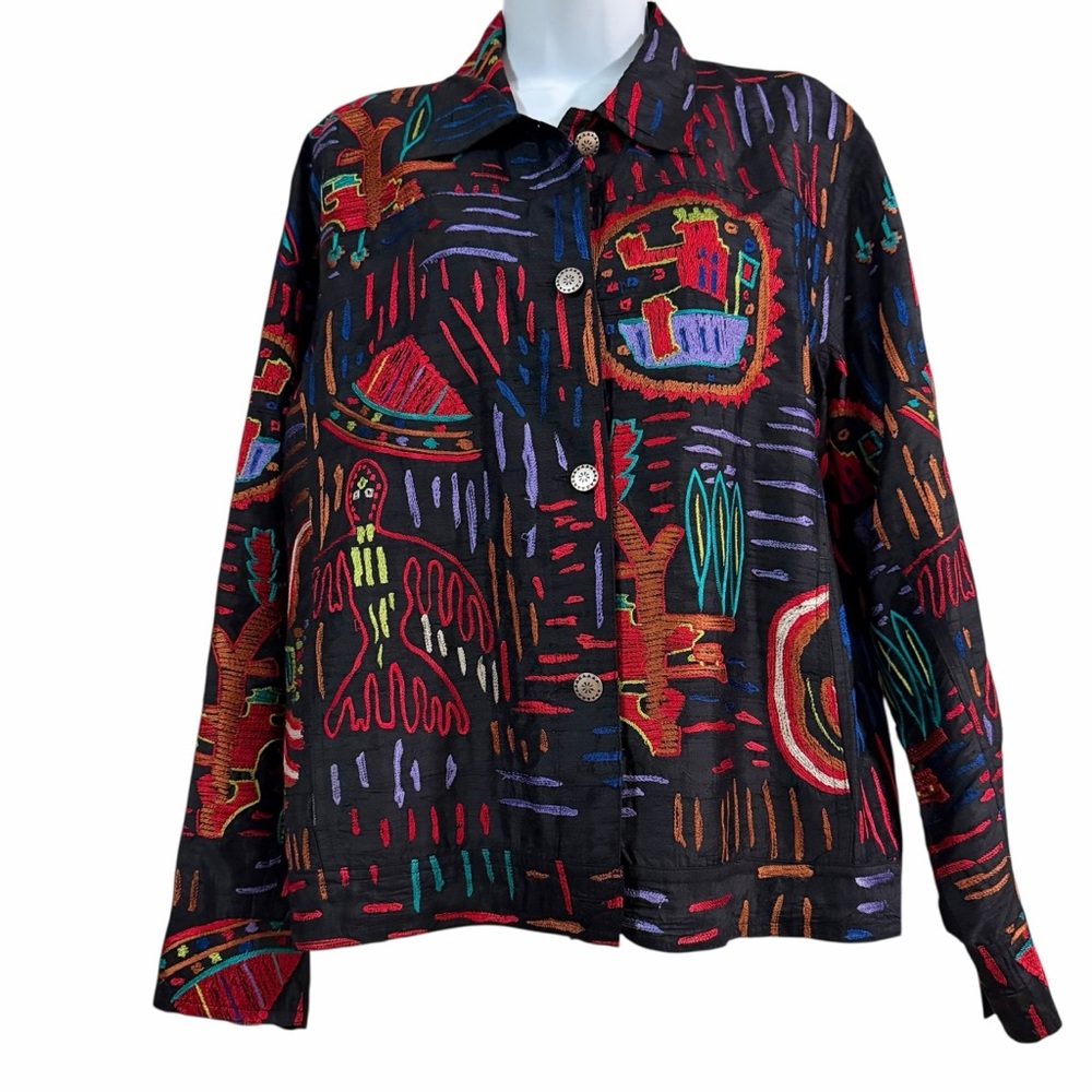 Chico's Design Black Silk Multicolor Embroidery Top Button Up Blouse Sz 2 L/12